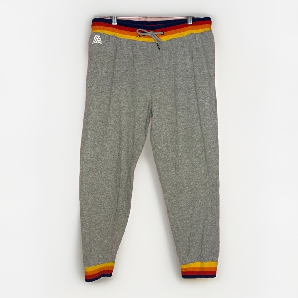 ALDI Gear Women's Gray Track Pants Joggers Sweatpants Retro Rainbow Stripe Large